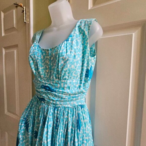 Vintage Anne Fogarty 50's Blue & White Floral Midi Dress - Picture 4 of 9